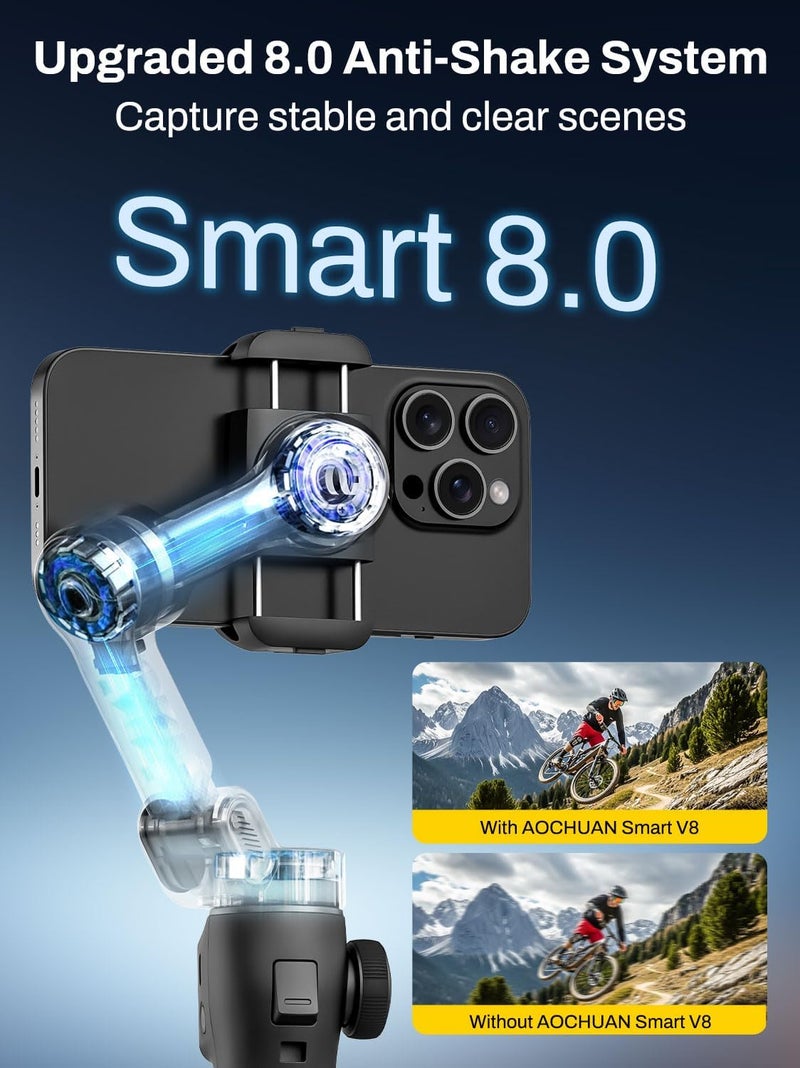 AOCHUAN Gimbal Stabilizer for iPhone w/Bluetooth Remote, 3-axis Phone Stabilizer w/7.8” Extension Rod, AI Face Tracking Smartphone Gimbal, Gesture Control for Video Shooting - Smart V8 Kit Black - Image 2